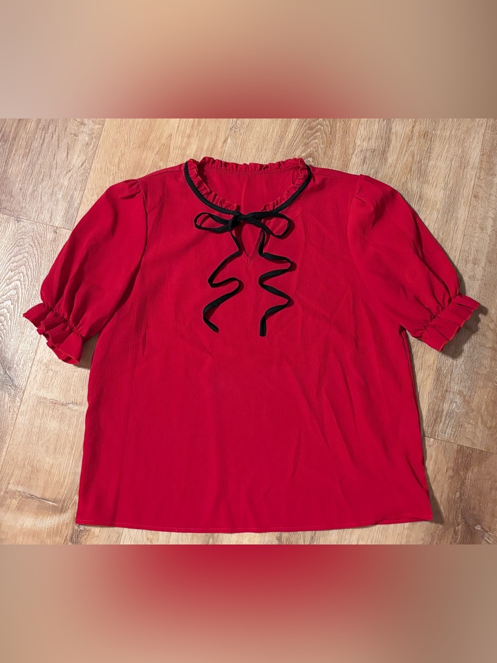 Women’s Red Puff Sleeve Bow Tie sheer Blouse XL **2 for 20** - Picture 5 of 8